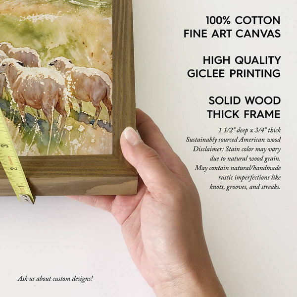 Jesus Christ and Sheep on Green Hills - Farmhouse Bedroom : 18x24" Large Canvas Art with Thick Wood Frame