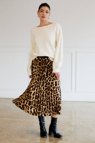 Animal Print Pleated Midi Skirt