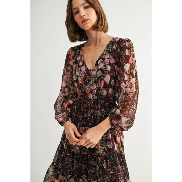 MIX FLOWER V NECK MIDI DRESS: Burgundy