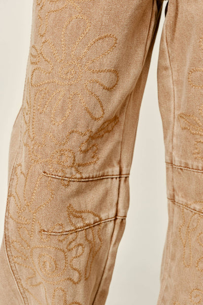 EMBROIDERED DETAIL COTTON BARREL PANTS: RUST