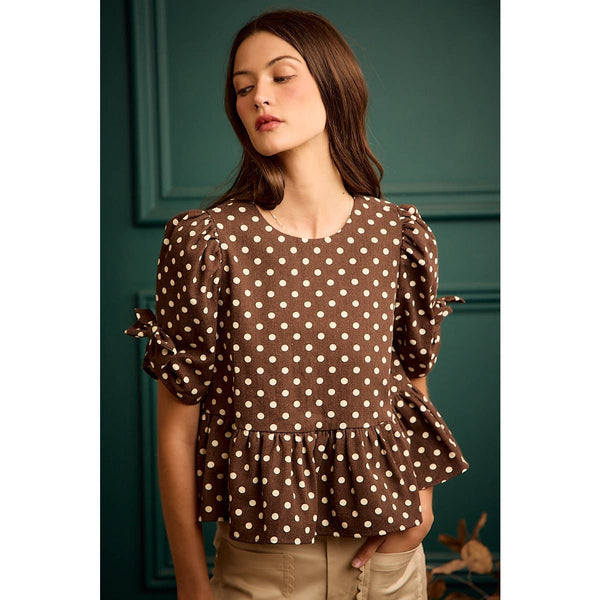 POLKA DOT BOW DETAIL SHORT SLEEVES PEPLUM TOP: BROWN/IVORY