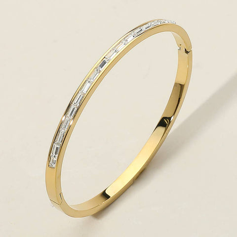 Baguette Stone Stainless Steel Hinged Bangle Bracelet: Yellow Gold