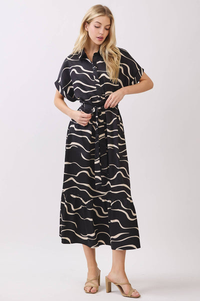 SATIN COLLARD BUTTON DOWN WAIST TIE MIDI DRESS: Black