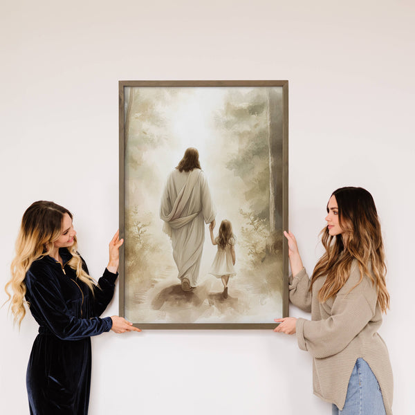 Jesus Walking with Light Haired Girl - Jesus Canvas Art : 18x24" Large Canvas Art with Thick Wood Frame - Lulu Bella Boutique