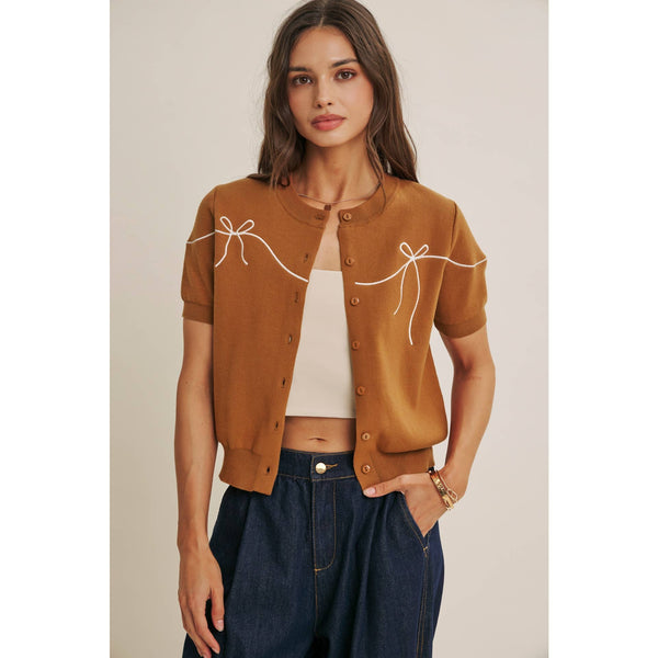 FRENCH MORNING BOW EMBROIDERED BUTTON-DOWN COTTON CARDIGAN: OFF WHITE / S - Lulu Bella Boutique