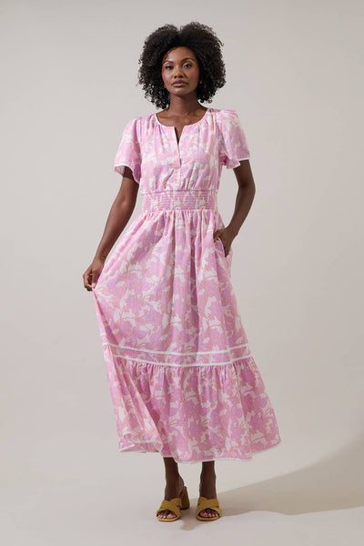 Daney Floral Ordy Smocked Midi Dress: PINK-CREAM / XS - Lulu Bella Boutique