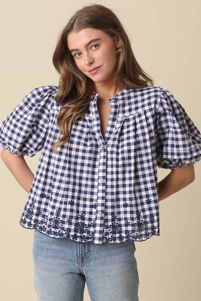 Abbie Gingham Puff Sleeve Blouse: White Navy / Contemporary / S - Lulu Bella Boutique