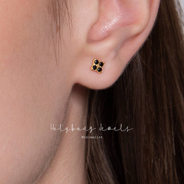 BLACK CZ SQUARE STUD EARRINGS - E-S4090: GOLD / ONE SIZE