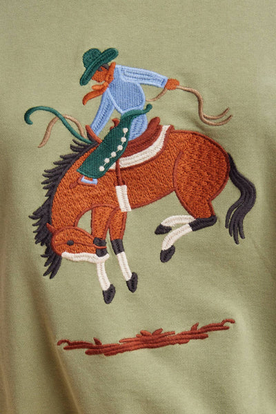 HORSE EMBROIDERED CREWNECK PULLOVER: DUSTY OLIVE