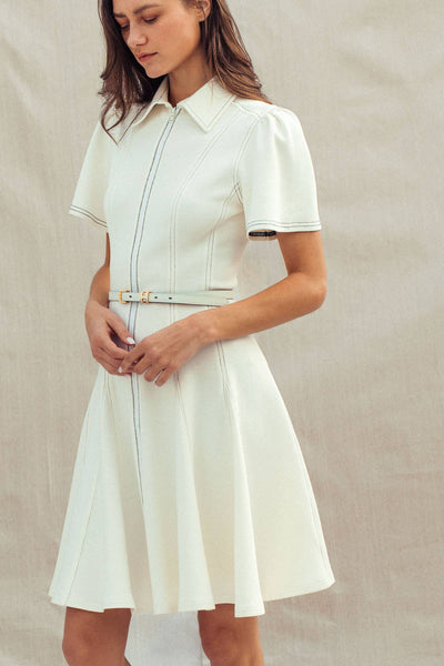 Contrast Stitch Zip Front Knit Mini Dress Belted: IVORY / S-M-L:2-2-2 - Lulu Bella Boutique