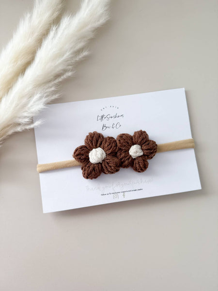 Crochet Flowers Hair Clips & Headbands: Tan & Brown Flower / Pigtail Set - Lulu Bella Boutique