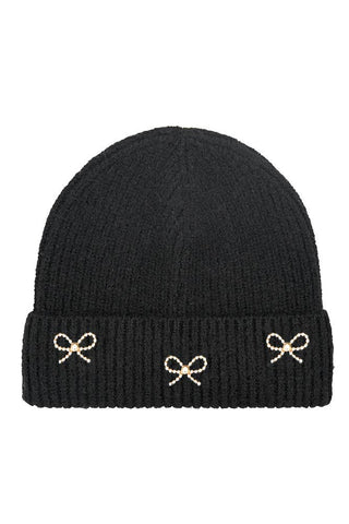 C.C Pearl Bow Charm Cuff Beanie: Black