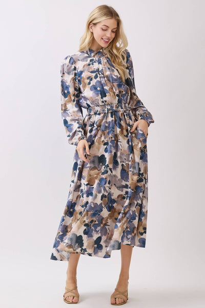 SMOCK NECK & WAIST RUFFLE MAXI FRONT SLIT DRESS: PURPLE BLUE