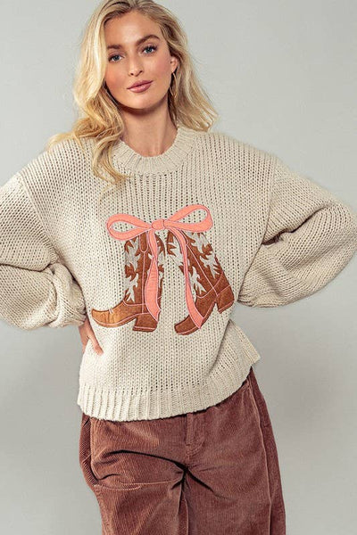 Cowboy Boots and Coquette Bow Sweater : TAUPE