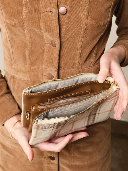 M013-PLD Riley Plaid 3 Compartment Crossbody/Wristlet
: Beige - Lulu Bella Boutique