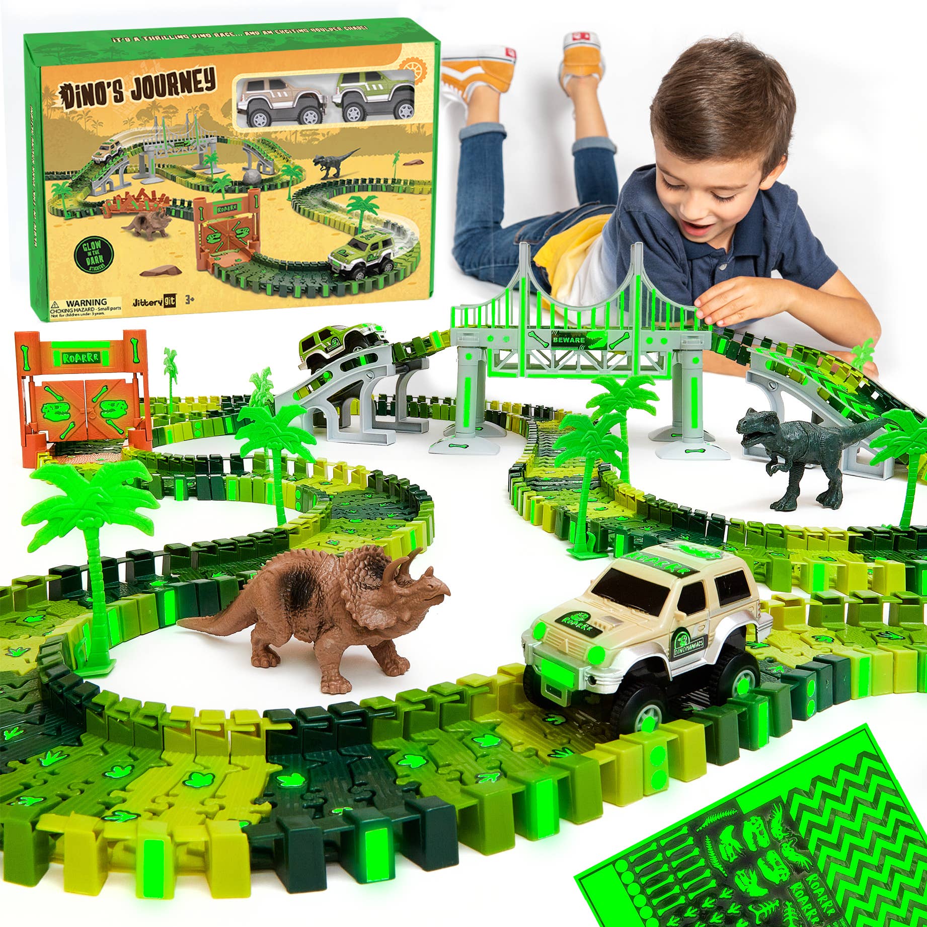 Dinosaur Race Car Track Set Toy, STEM Glow In The Dark Toy