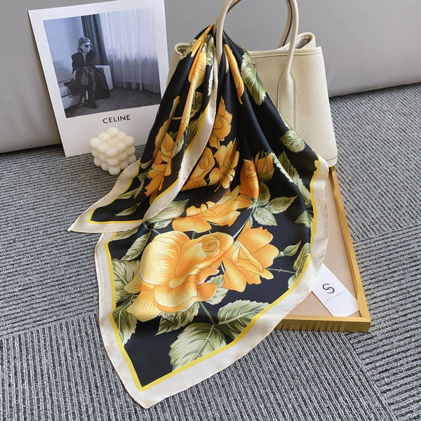 FLOWER SILKY BANDANA SQUARE NECK SCARF, DS 31169: YL - Lulu Bella Boutique