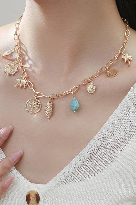 CHARM NECKLACE-TURQ TREE LEAF ELEPHANT | 40NK364: Gold