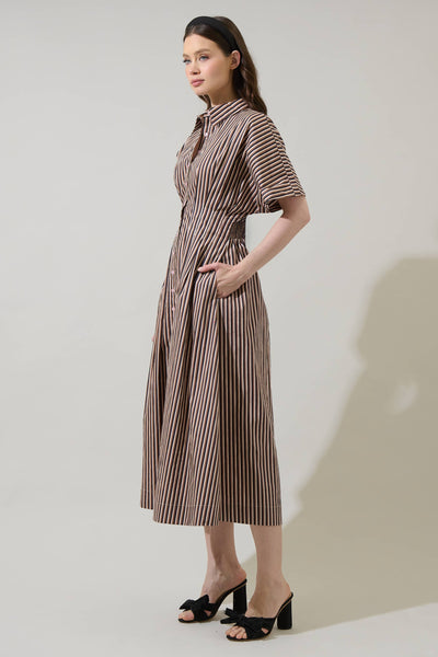 Barkline Stripe Wilderra Pleated Midi Dress: BrownMulti / XS - Lulu Bella Boutique