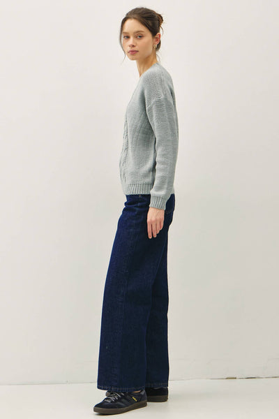 COZY CABLE KNIT DETAIL SWEATER TOP : RETRO BLUE / S - Lulu Bella Boutique