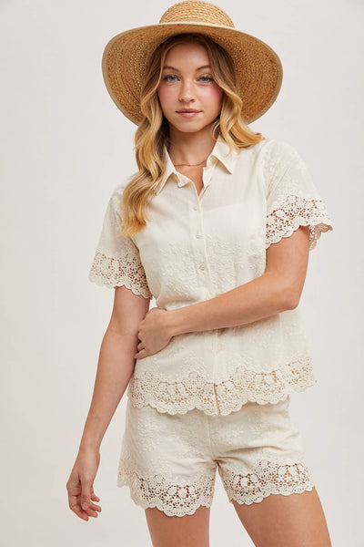 Embroidered Lace Trimmed Button Down Shirt: NATURAL - Lulu Bella Boutique