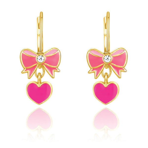 Pink Heart and Bow Lever Back Earrings