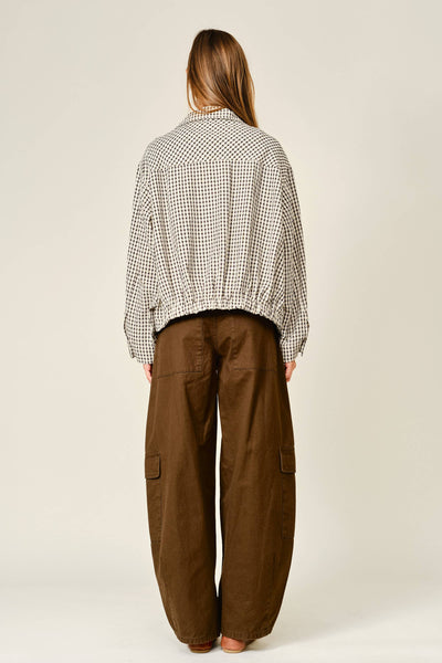 PLAID FUNNEL NECK BOMBER JACKET: ECRU/BLACK