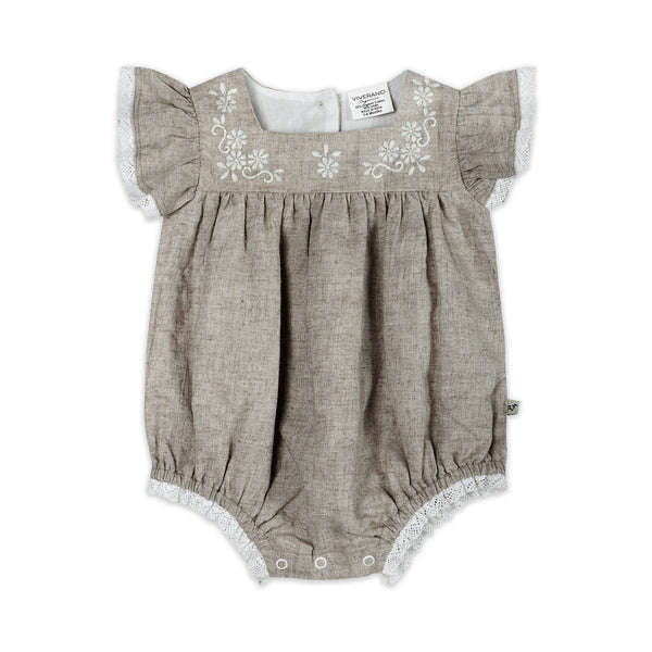 Lena Floral Embroidered Baby Romper + Headband (Linen Blend): Natural