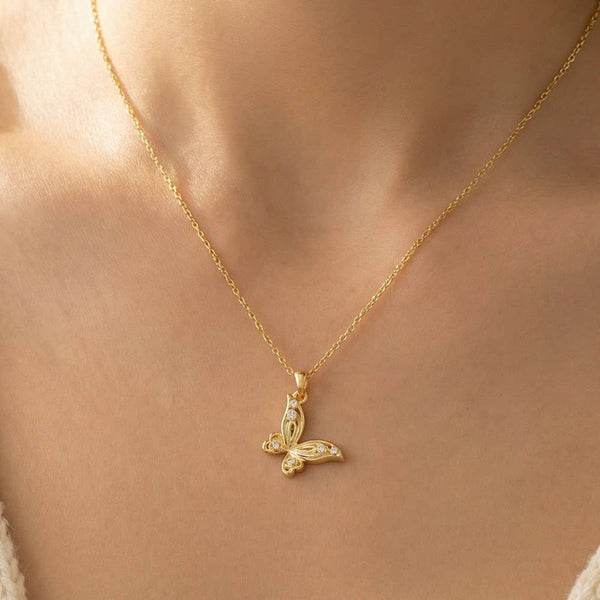 14K Gold Dipped Cz Butterfly Pendant Necklace: GD - Lulu Bella Boutique