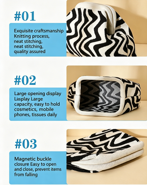 Stripe Knit Cosmetic Bag Wavy Pattern Storage Clutch: Black / M - Lulu Bella Boutique