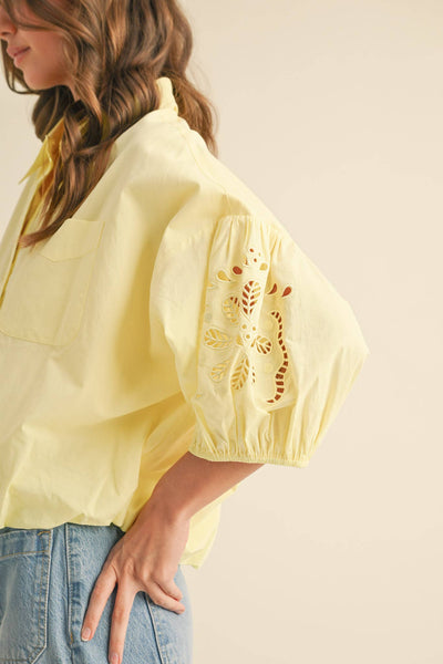 CUT OUT EMBROIDERED BUBBLE SLEEVE TOP MTP3835: LEMON / S - Lulu Bella Boutique