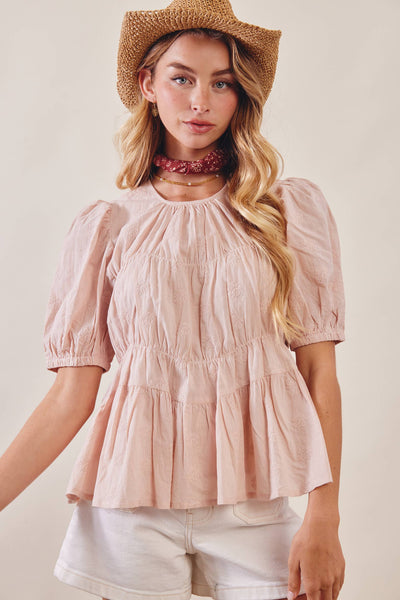 Embroidered Rose Peplum Blouse: Rose Latte - Lulu Bella Boutique