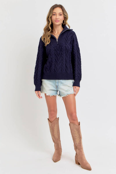 CABLE KNIT ZIPPER FRONT SWEATER: NAVY / Contemporary / M