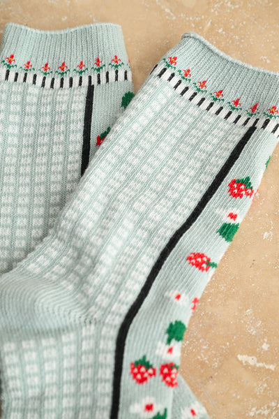 A5600   STRAWBERRY AND MULTI PATTERN SOCKS: SAGE / One Size - Lulu Bella Boutique