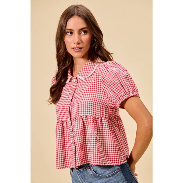 CHECK FRONT BUTTON SHORT PUFF SLEEVES BLOUSE TOP: RED CHECK / S - Lulu Bella Boutique