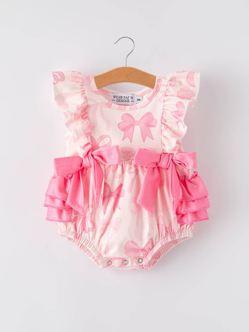 Girls Pink Bow Print Romper: 18M - Lulu Bella Boutique
