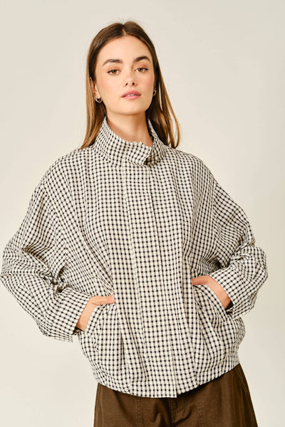 PLAID FUNNEL NECK BOMBER JACKET: ECRU/BLACK