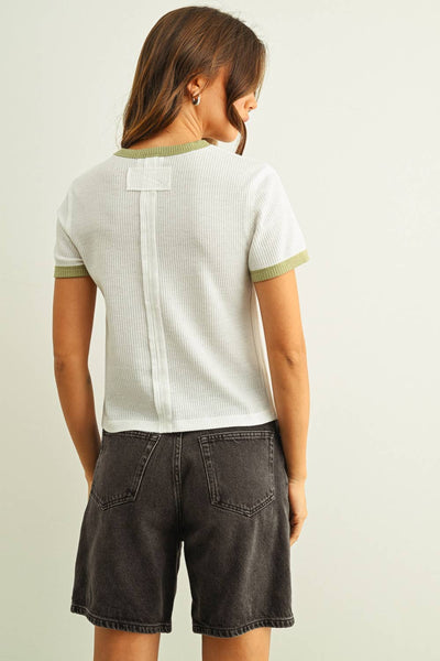 ET6124   COLOR COMBO WAFFLE FABRIC TOP: WHITE/SAGE / S - Lulu Bella Boutique