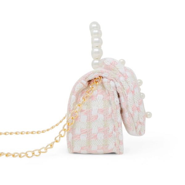 Girls Tweed Jumbo Pearl Bow Handbag: Pink