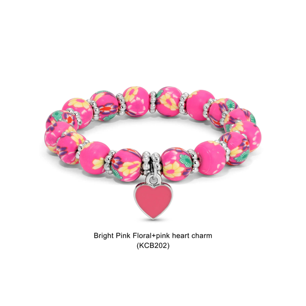 Kids Clay Beaded Stretch Charm Bracelets : Cherry & White (KCB216G) - Lulu Bella Boutique