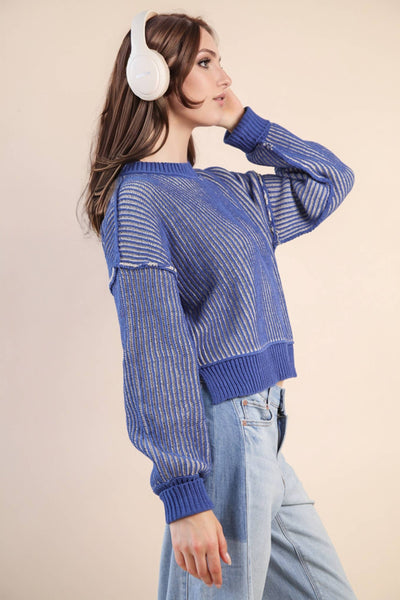 Two Tone Striped Casual Stripe Sweater Top: ROYAL BLUE
