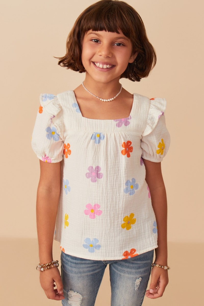 Girls Floral Gauze Textured Square Neck Top!