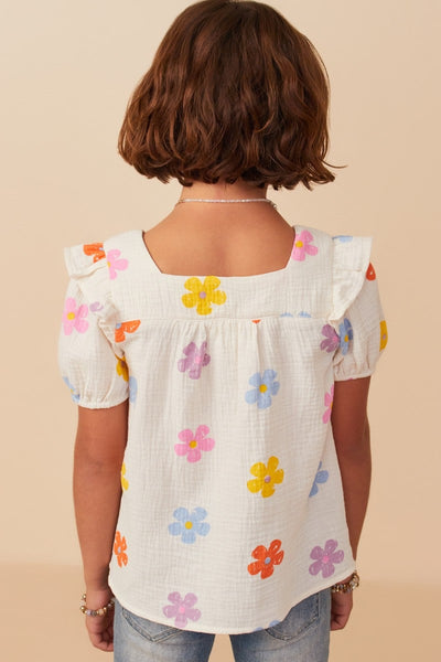 Girls Floral Gauze Textured Square Neck Top!