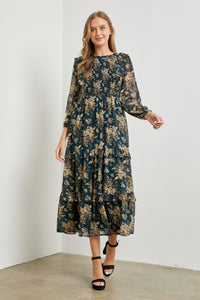 Floral Maxi Dress with Front Ruffle Detail in Navy