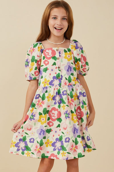 Girls Floral Print Buttoned Square Neck Dress