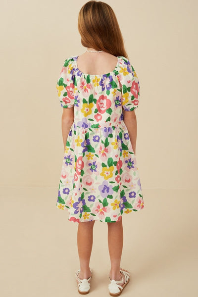 Girls Floral Print Buttoned Square Neck Dress