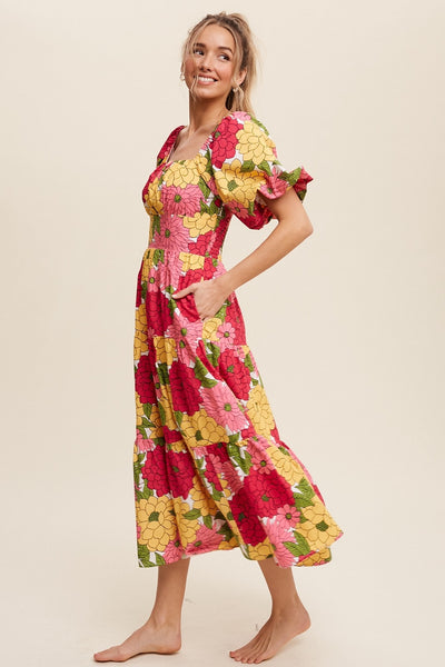 Show some flowers the power of fashion in this gorgeous midi dress! With a Fuschia hue and romantic flower print, this square neck stunner impresses with puff sleeve, smocking details and hidden side pockets. It's destined to be a blooming favorite!