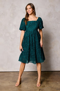 Flower Texture Puff Sleeve Dress in Emerald Green