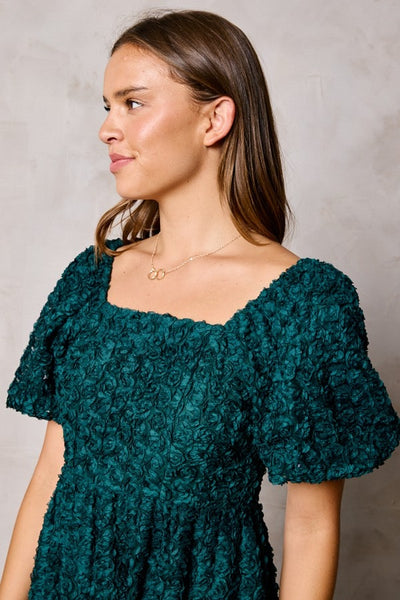 Flower Texture Puff Sleeve Dress in Emerald Green