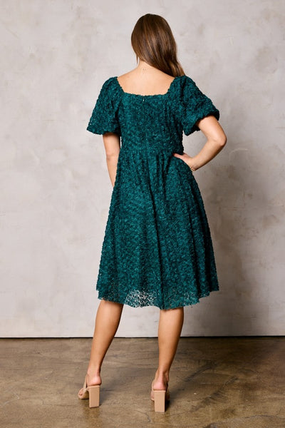 Flower Texture Puff Sleeve Dress in Emerald Green